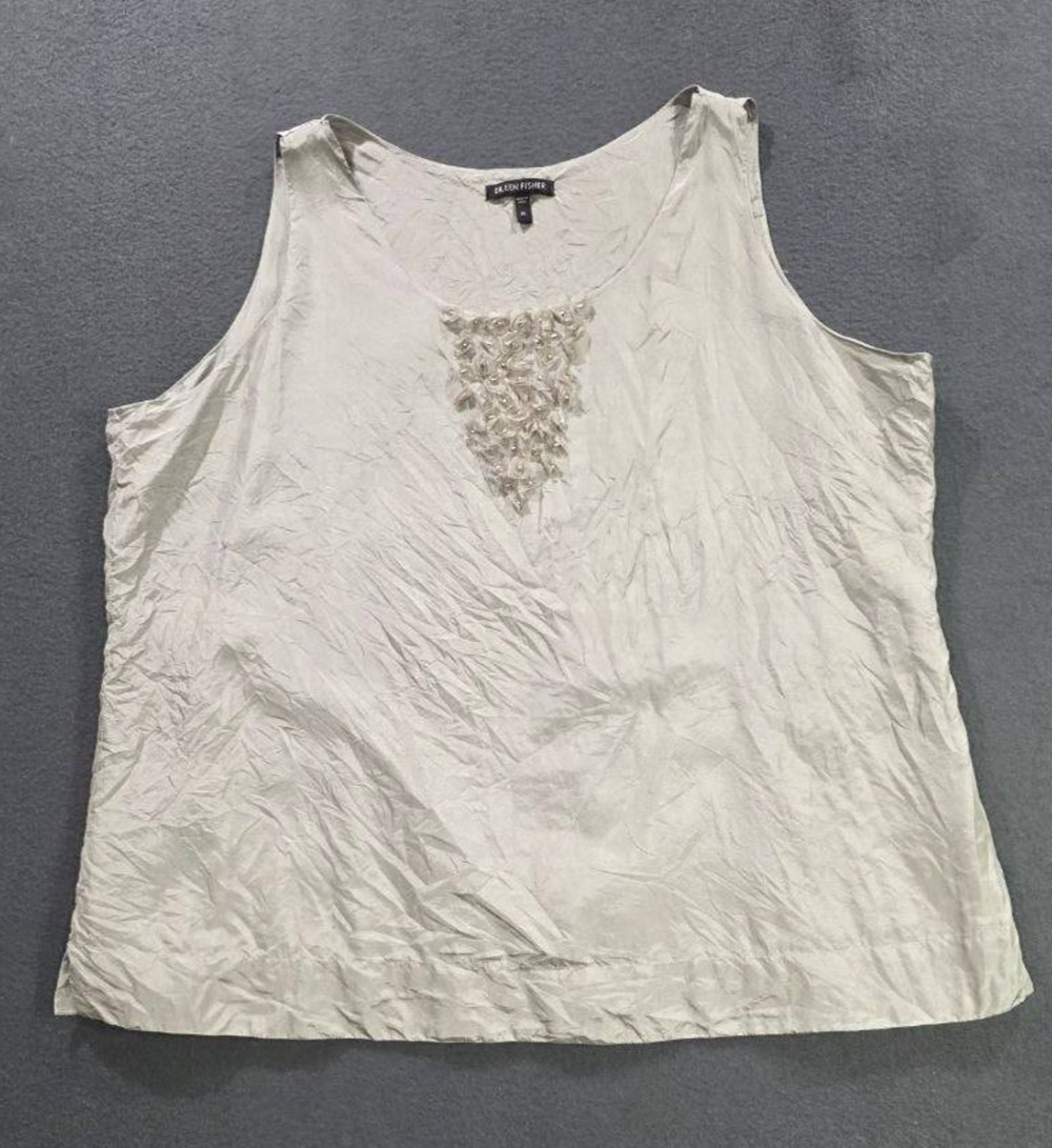 Eileen Fisher Gray 100% Silk Beaded Scoop Neck Sleeveless Tank Top XL A009159